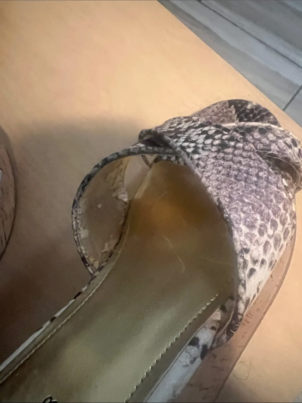 Marc Fisher Taupe Snake-Print Cork Platform Slides with Gold Insole